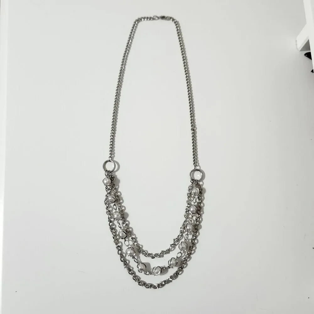 Multi Strand Layered Silver Tone Pearl Beaded Chain Ringlet Necklace Lobster